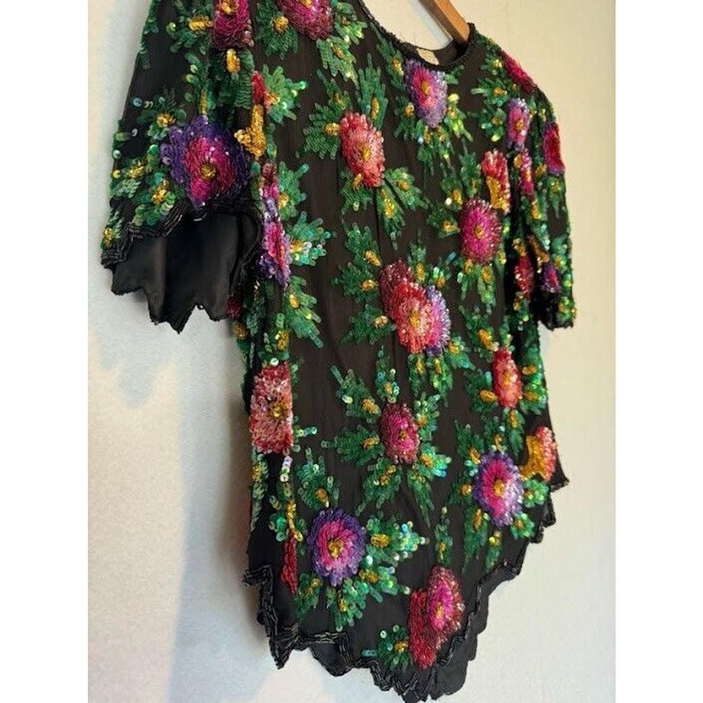 Laurence Kazar Beaded Top Womens‎ Size PM Silk Floral Vintage Zip Up - Picture 12 of 15